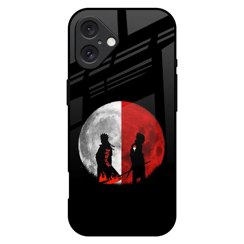 Minimal Frame Soft Surface Design Anime Red Moon Glass Case for iPhone 16 Plus