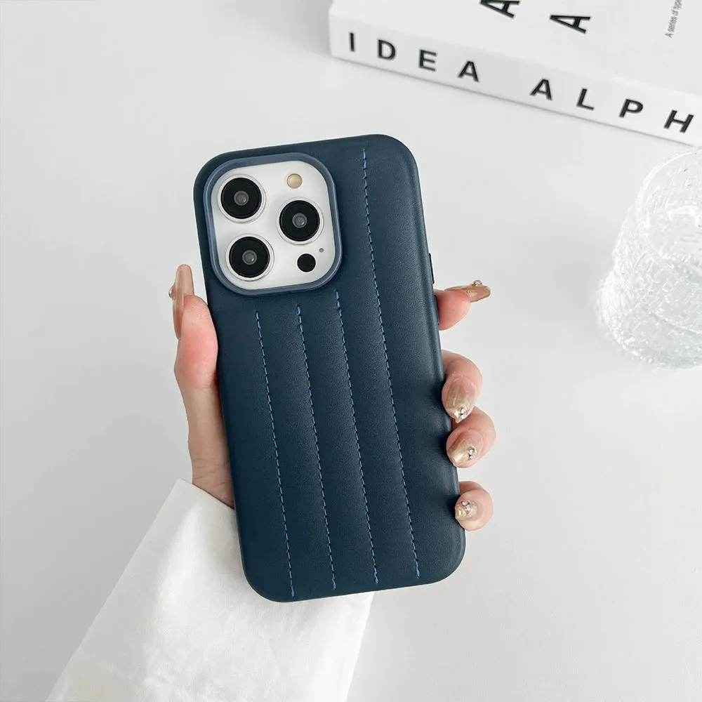 Durable Pattern Texture Trendy Texture Finish Indigo Blue Stitch Leather Back Cover for iPhone