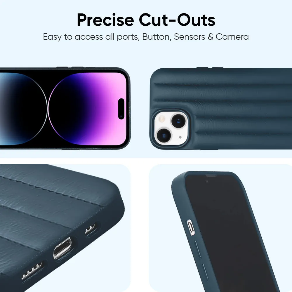 Indigo Blue Stitch Leather Back Cover for iPhone Elegant Surface Texture