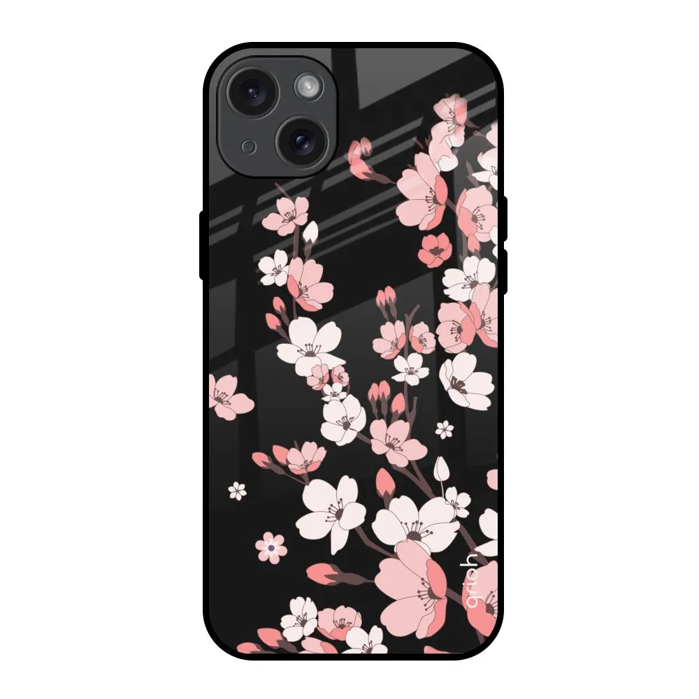 Hybrid Edge Finish Polished Detail Edge Black Cherry Blossom Glass Case for iPhone 15 Plus