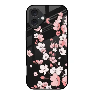 Hybrid Frame Black Cherry Blossom Glass Case for iPhone 16