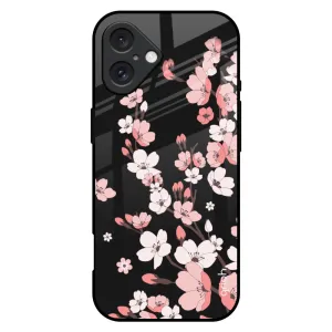 Black Cherry Blossom Glass Case for iPhone 16 Plus Modern Surface Design Urban Design
