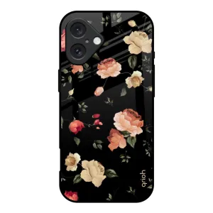 Black Spring Floral Glass Case for iPhone 16 Protective Pattern Texture Outdoor Use
