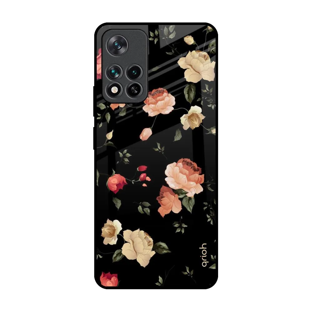 Black Spring Floral Glass Case for Mi 11i Flexible frame Smooth Feel Surface