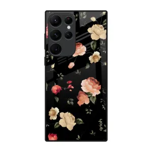 Black Spring Floral Glass Case for Samsung Galaxy S22 Ultra 5G Durable structure Gloss Surface Layer