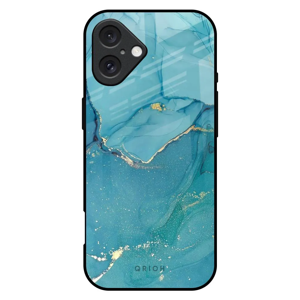 Blue Golden Glitter Glass Case for iPhone 16 Plus Luxury Detail Texture Soft edges