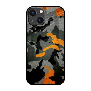 Camouflage Orange Glass Case For iPhone 14 Plus Ergonomic Shape Elegant Layer Texture