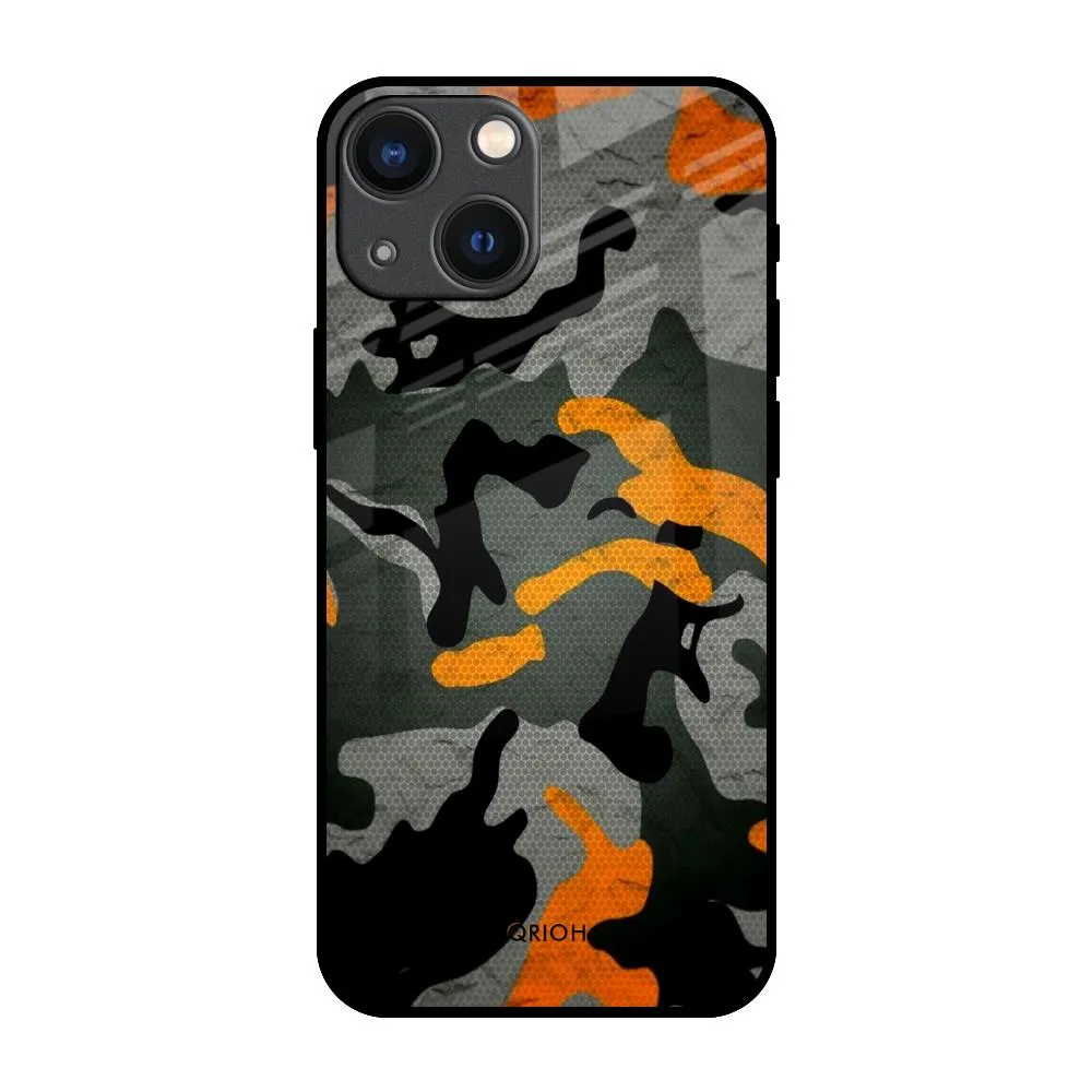 Camouflage Orange Glass Case For iPhone 14 Plus Ergonomic Shape Elegant Layer Texture