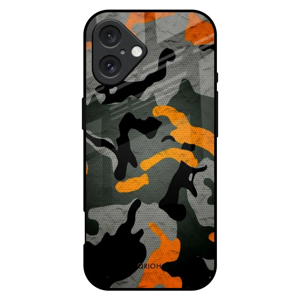 Rugged Edge Camouflage Orange Glass Case For iPhone 16 Plus