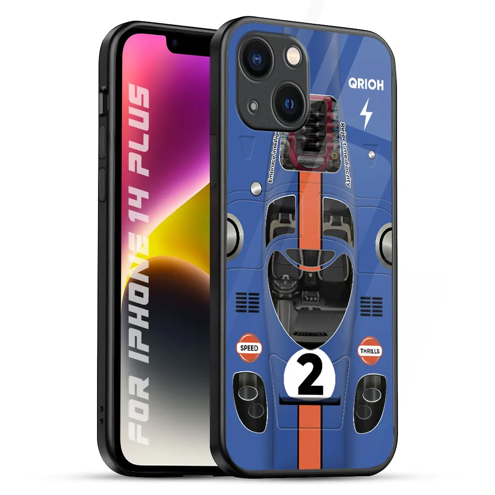 Soft Edge Look Car Adiction Glass Case for iPhone 14 Plus