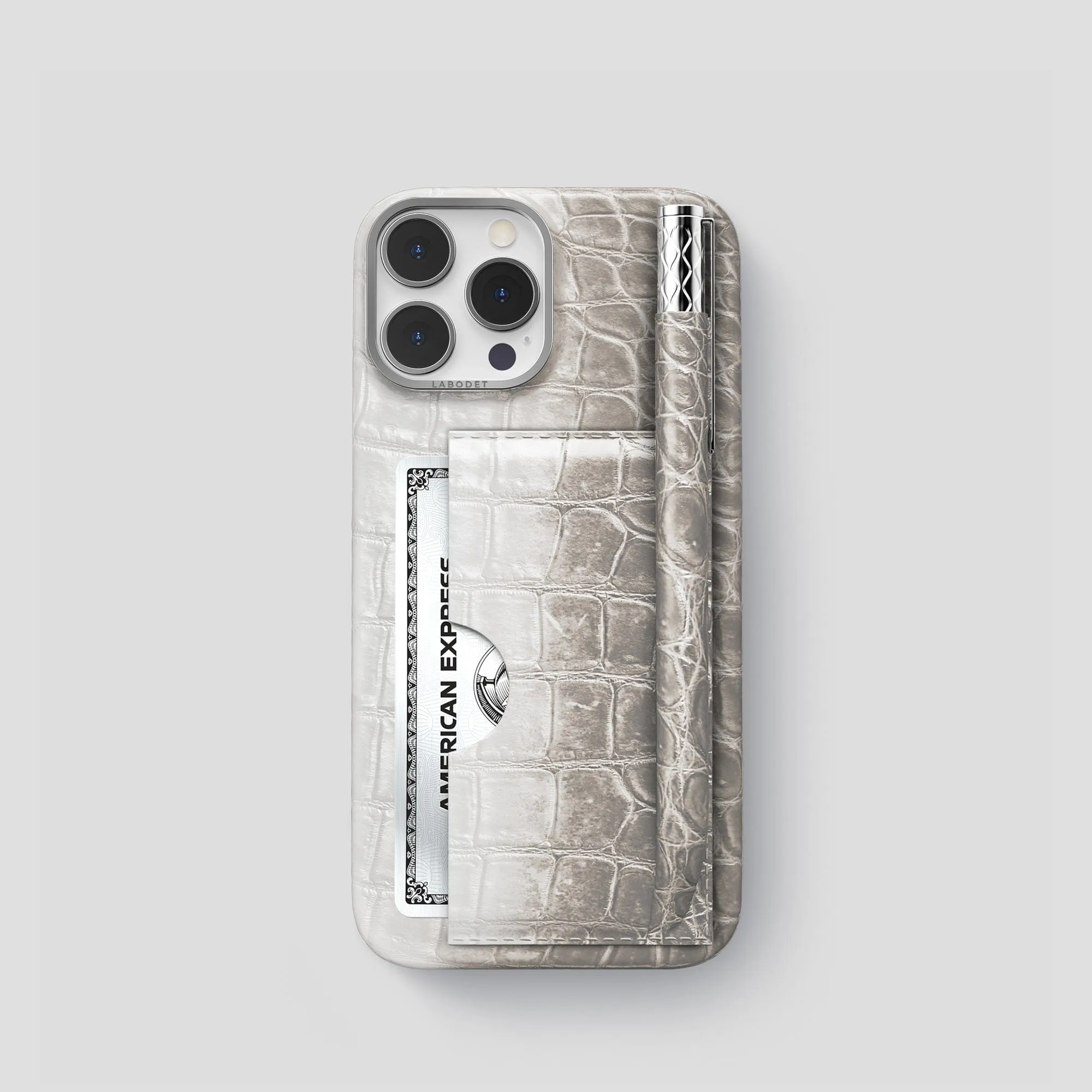 Card and Pen Holder Case For iPhone 15 Pro In Himalayan Crocodile Sleek Finish