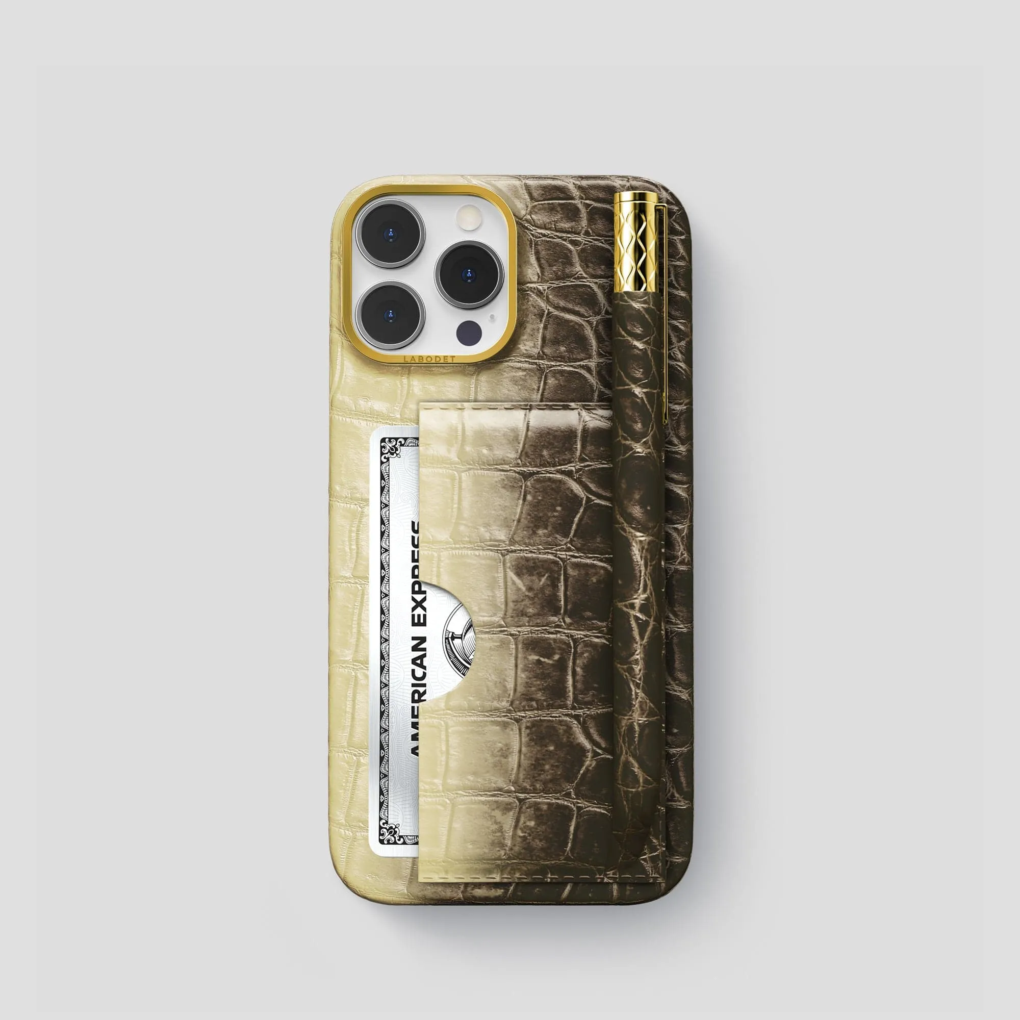 Luxury Detail Card and Pen Holder Case For iPhone 15 Pro In Himalayan Crocodile