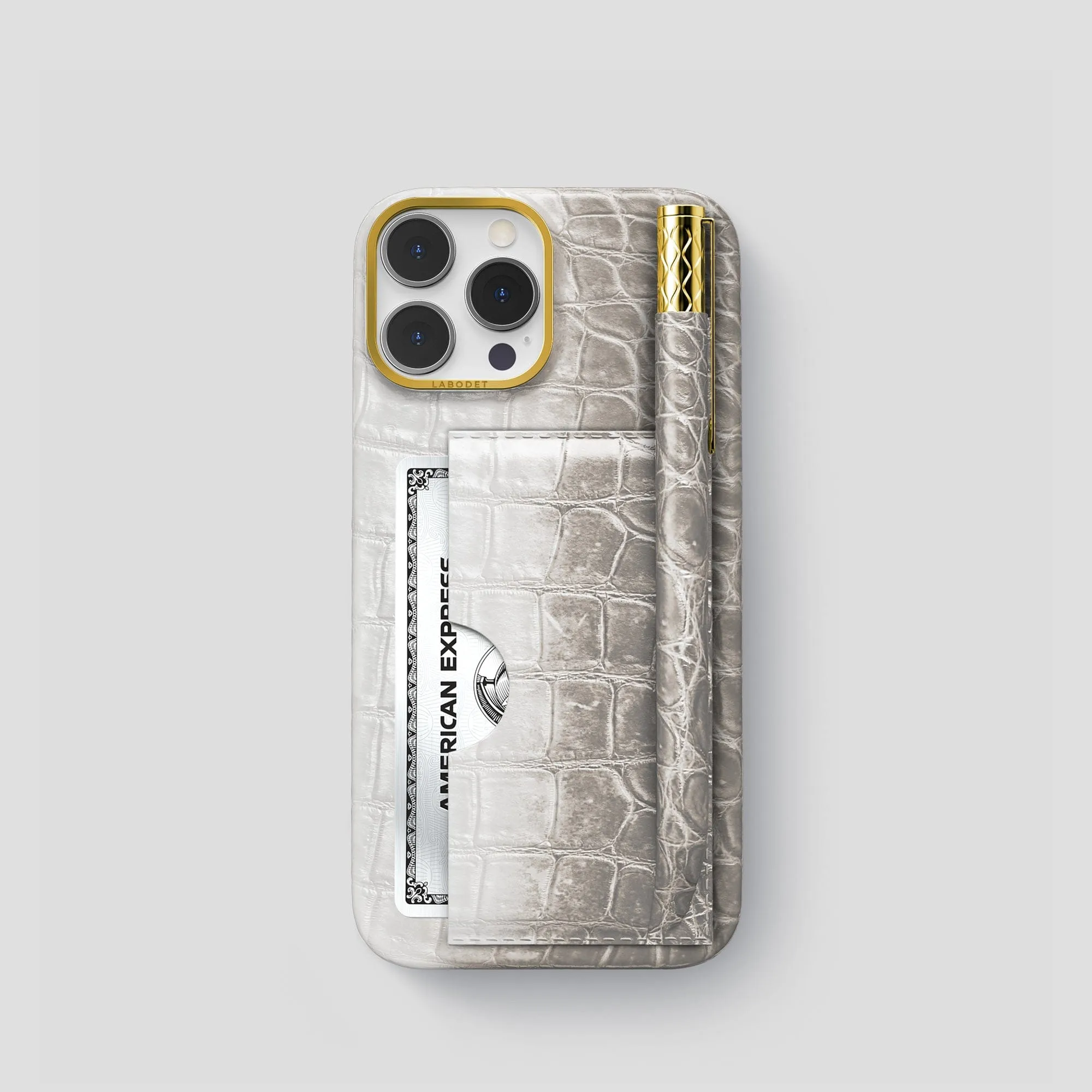 Classic Texture Card and Pen Holder Case For iPhone 15 Pro In Himalayan Crocodile