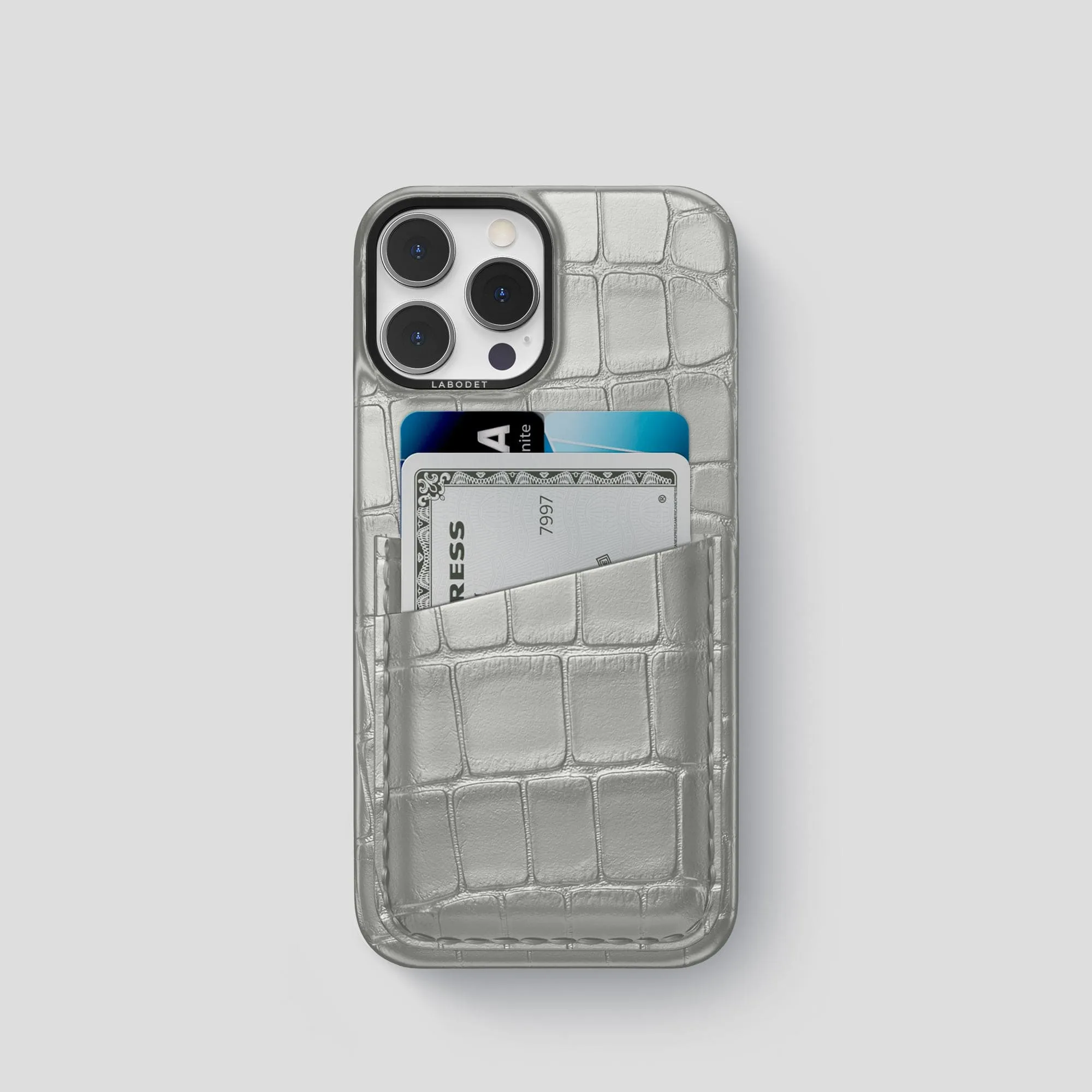 Double Card Case For iPhone 15 Pro In Metallic Alligator Elegant Appearance Smooth Shape