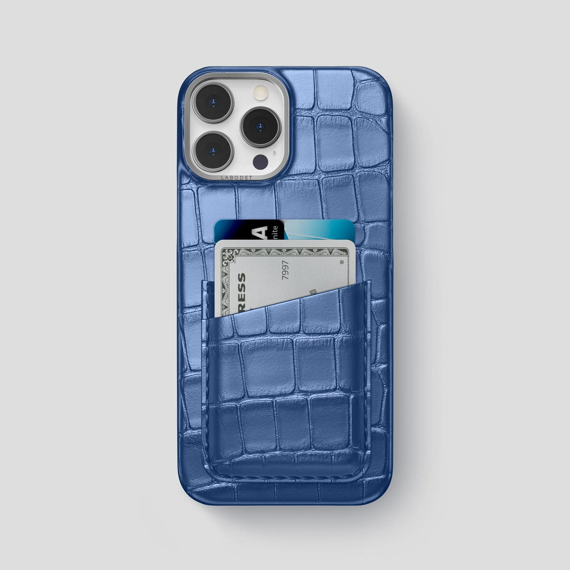 Double Card Case For iPhone 15 Pro Max In Metallic Alligator Ergonomic Texture