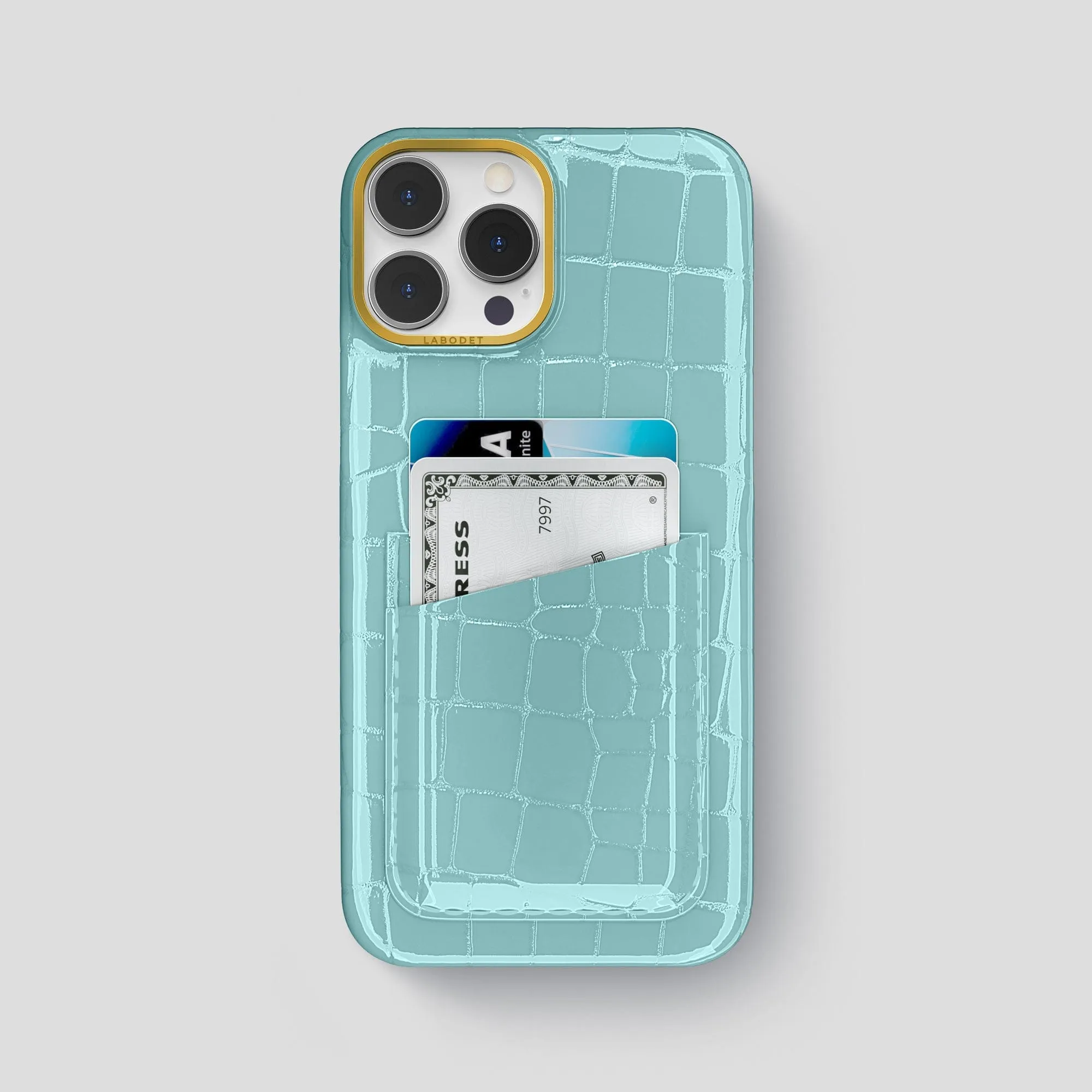 Gloss Finish Rugged Pattern Design Double Card Case For iPhone 15 Pro Max In Shiny Alligator