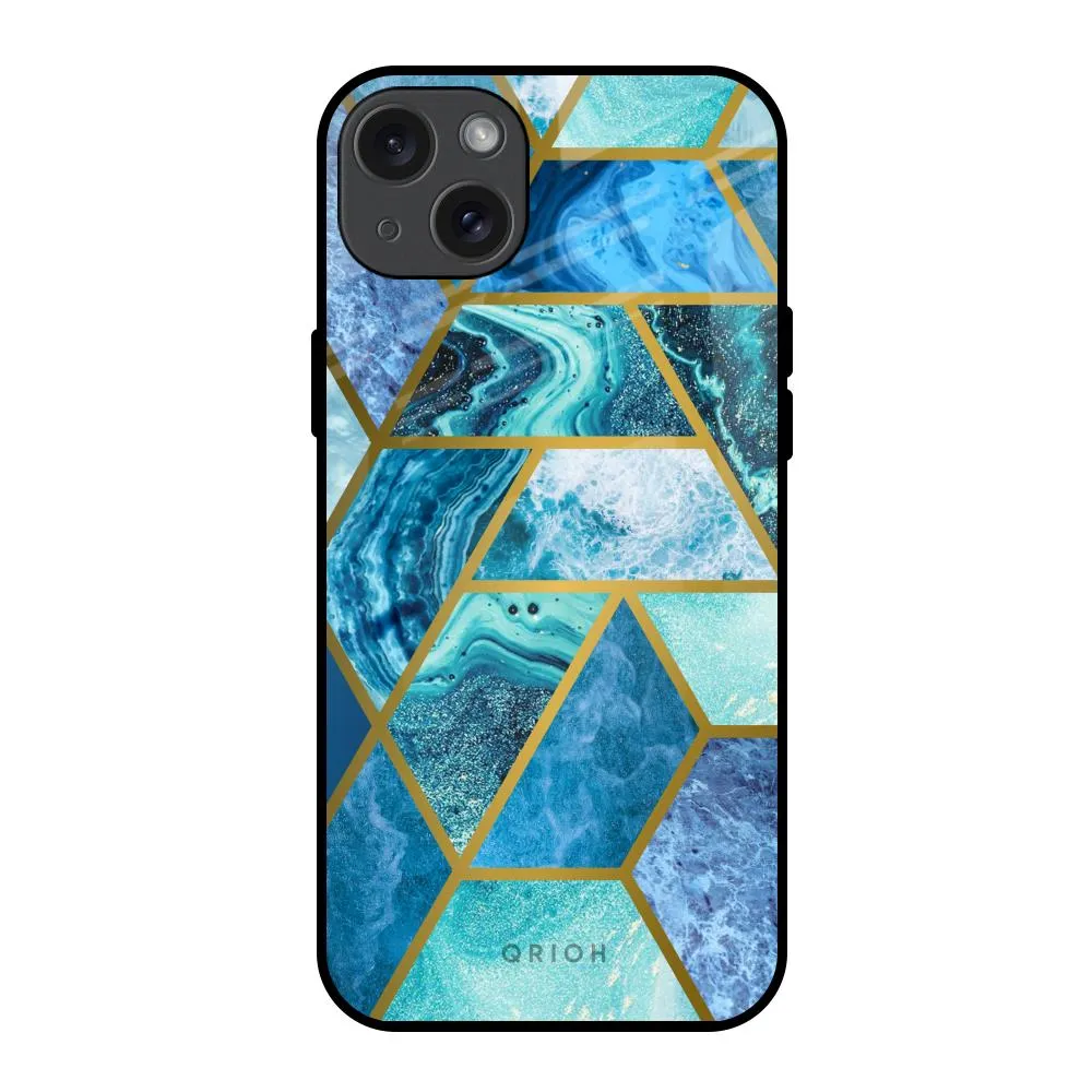 Protective Surface Flexible Edge Turquoise Geometrical Marble Glass Case for iPhone 15 Plus