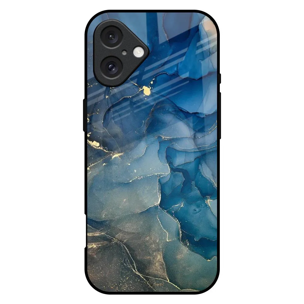 Protective Texture Layer Blue Cool Marble Glass Case for iPhone 16 Plus