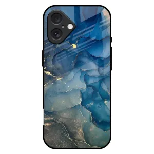 Protective Texture Layer Blue Cool Marble Glass Case for iPhone 16 Plus