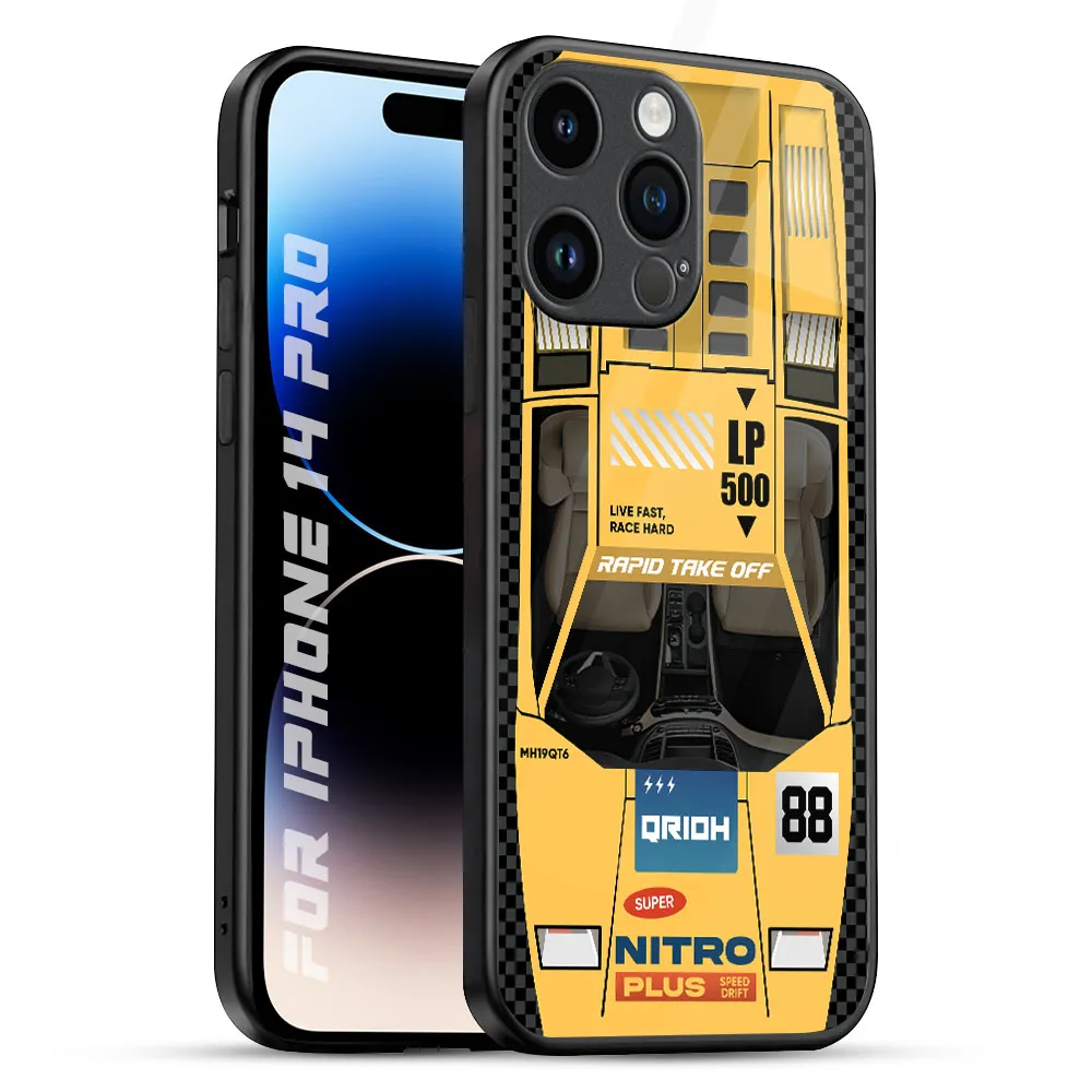 Yellow Racing Car Glass Case for iPhone 14 Pro Compact Pattern