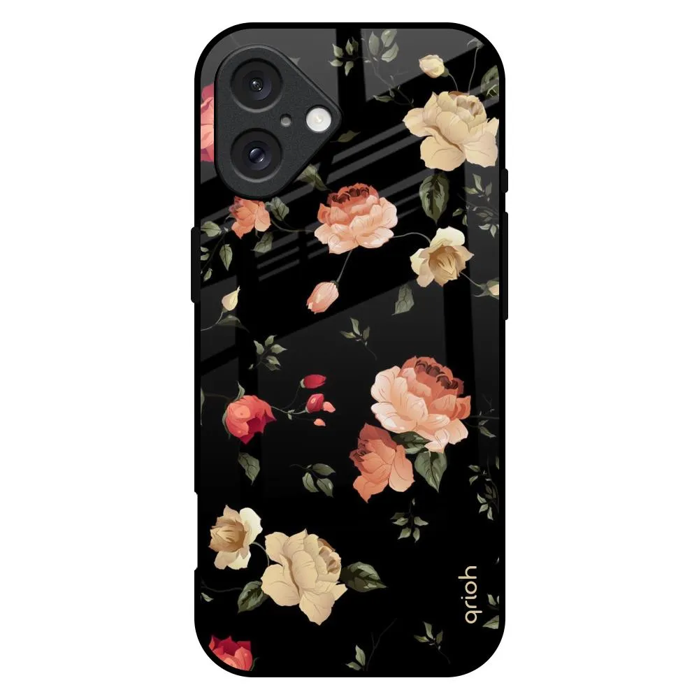 Black Spring Floral Glass Case for iPhone 16 Plus Tactile Buttons Shock Absorption Layer