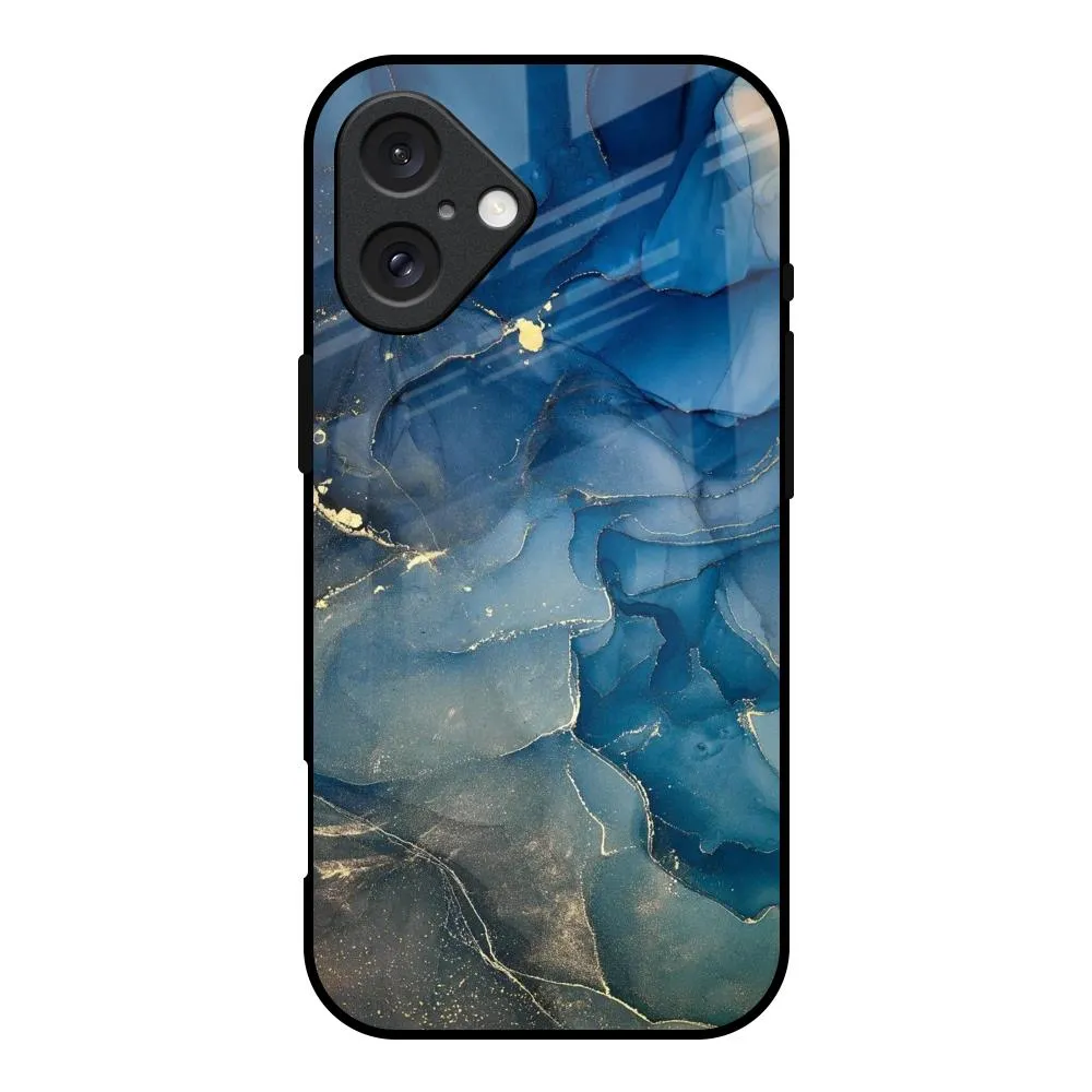 Blue Cool Marble Glass Case for iPhone 16 Slim Texture