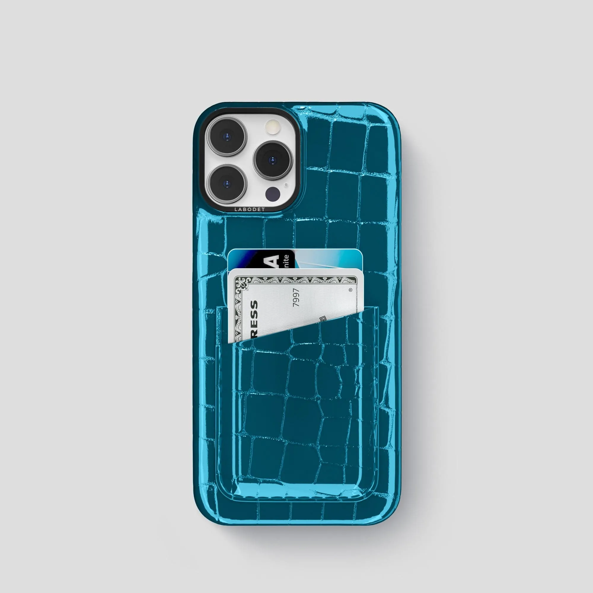 Polished Texture Design Double Card Case For iPhone 15 Pro In Shiny Alligator