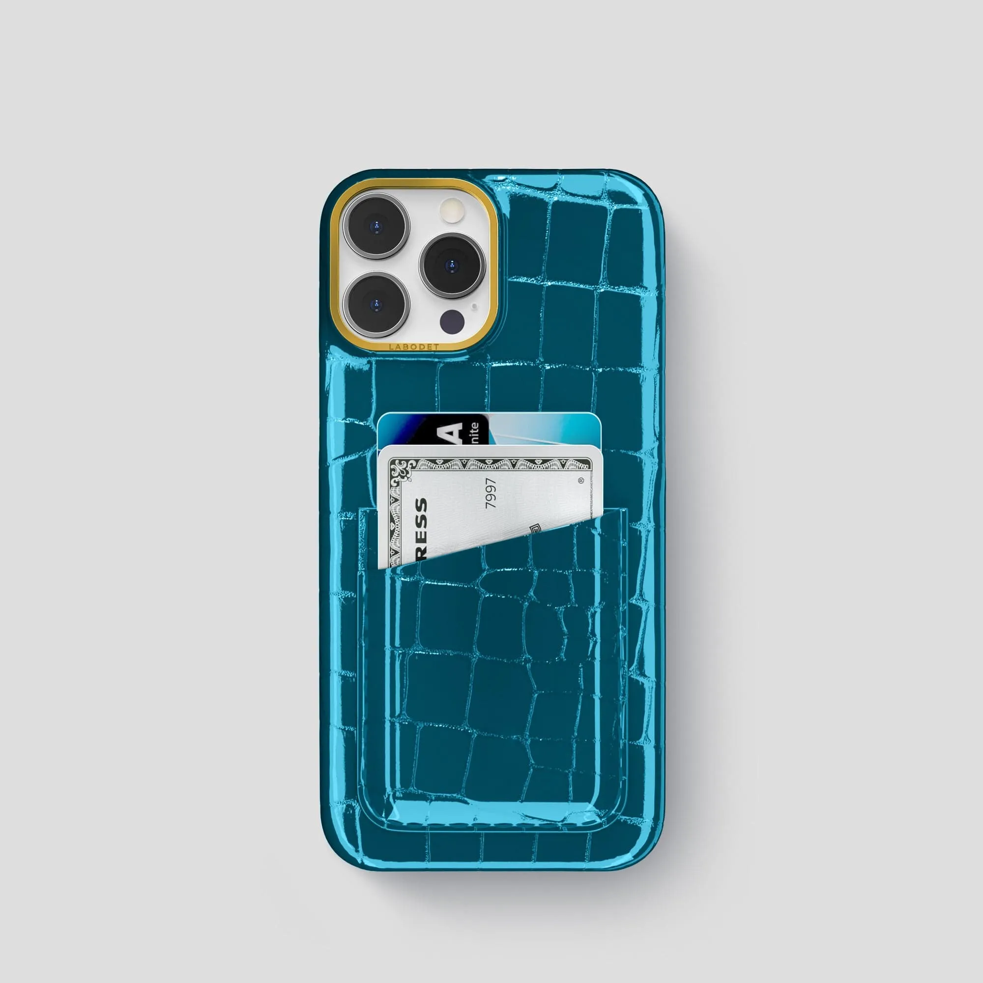 Double Card Case For iPhone 15 Pro In Shiny Alligator Ergonomic Texture