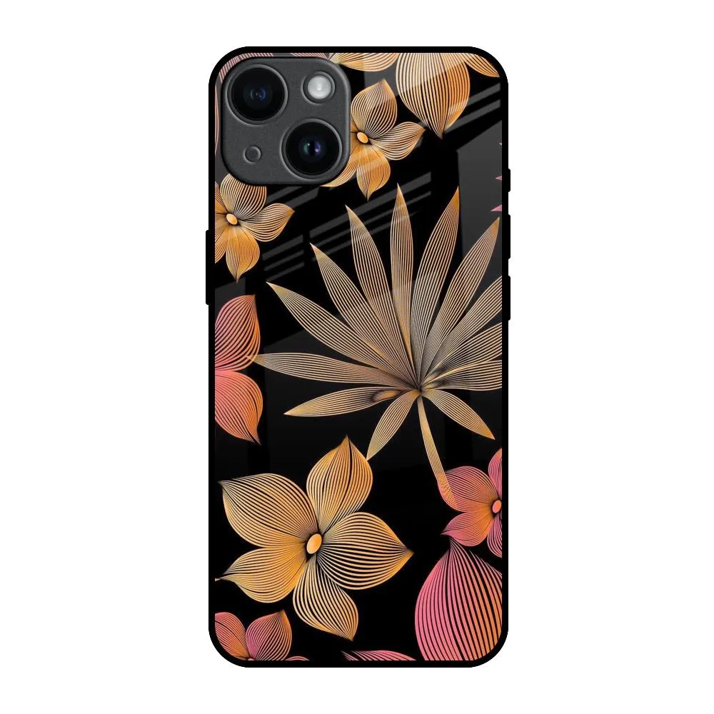 Lines Pattern Flowers Glass Case for iPhone 14 Gloss Surface