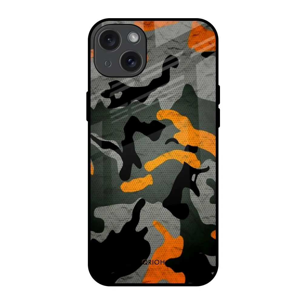 Camouflage Orange Glass Case For iPhone 15 Plus Hard Shell Elegant Build Texture