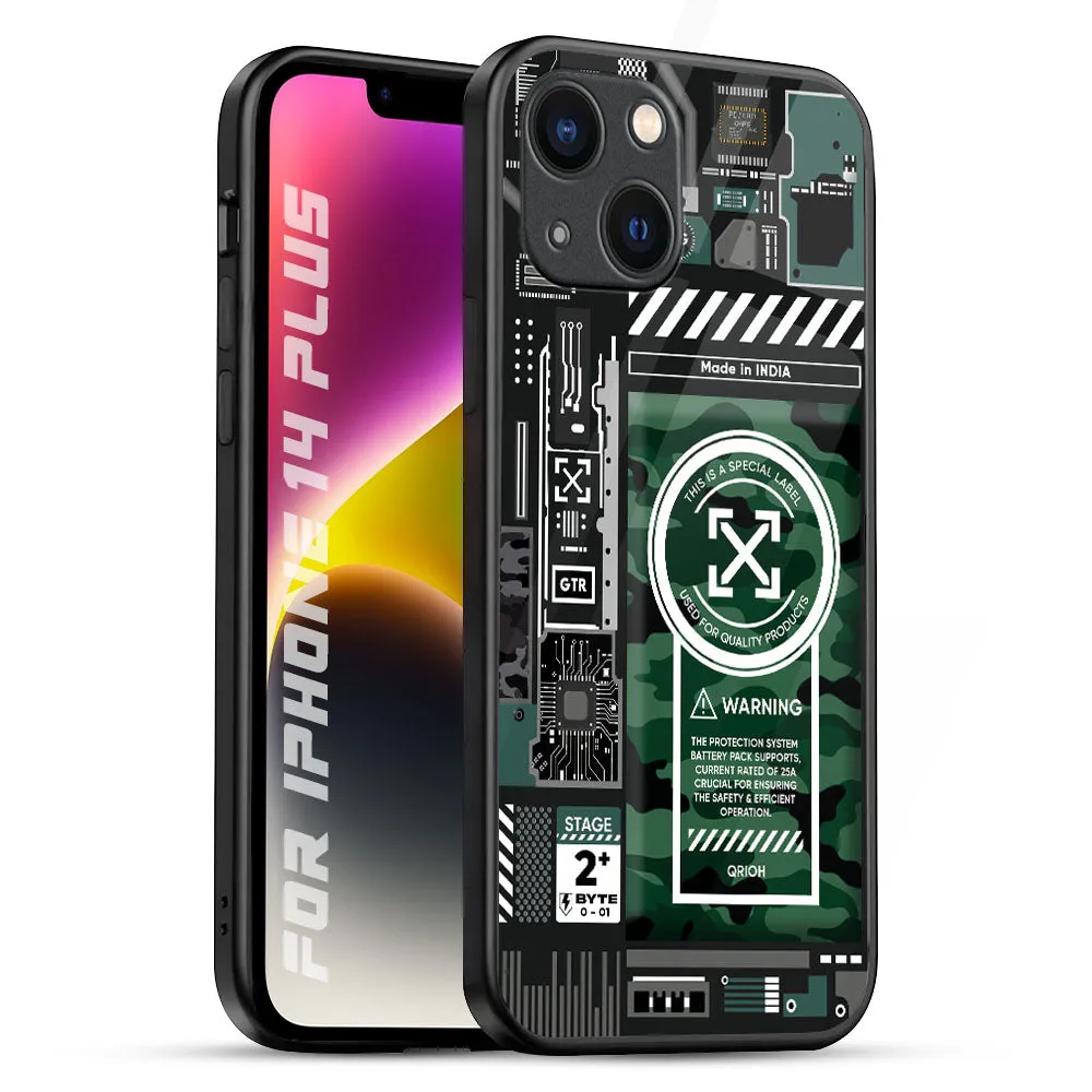 Modern Function Hand Feel Green Camo Circuit Glass Case for iPhone 14 Plus