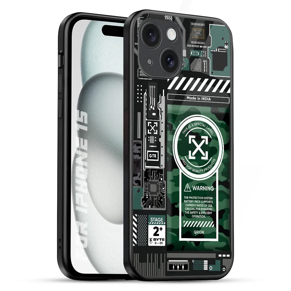 Green Camo Circuit Glass Case for iPhone 15 Stylish Layer Texture Elegant Comfort