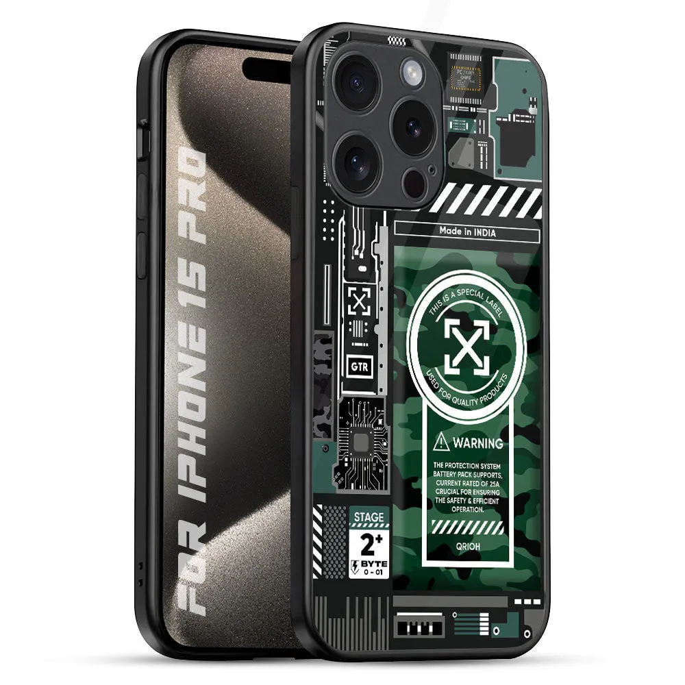 Trendy Pattern Elegant Accent Green Camo Circuit Glass Case for iPhone 15 Pro