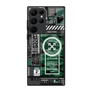 Green Camo Circuit Glass Case for Samsung Galaxy S22 Ultra 5G Trendy Detailing Button Cover