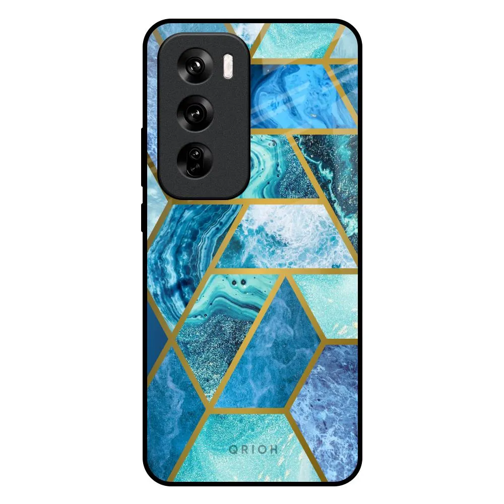 Turquoise Geometrical Marble Glass Case for Oppo Reno 12 5G Soft Silicone