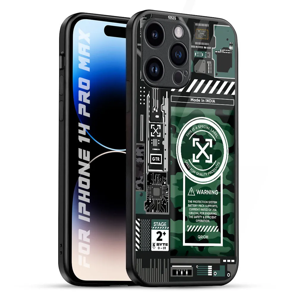 Green Camo Circuit Glass Case for iPhone 14 Pro Max Durable Surface Design