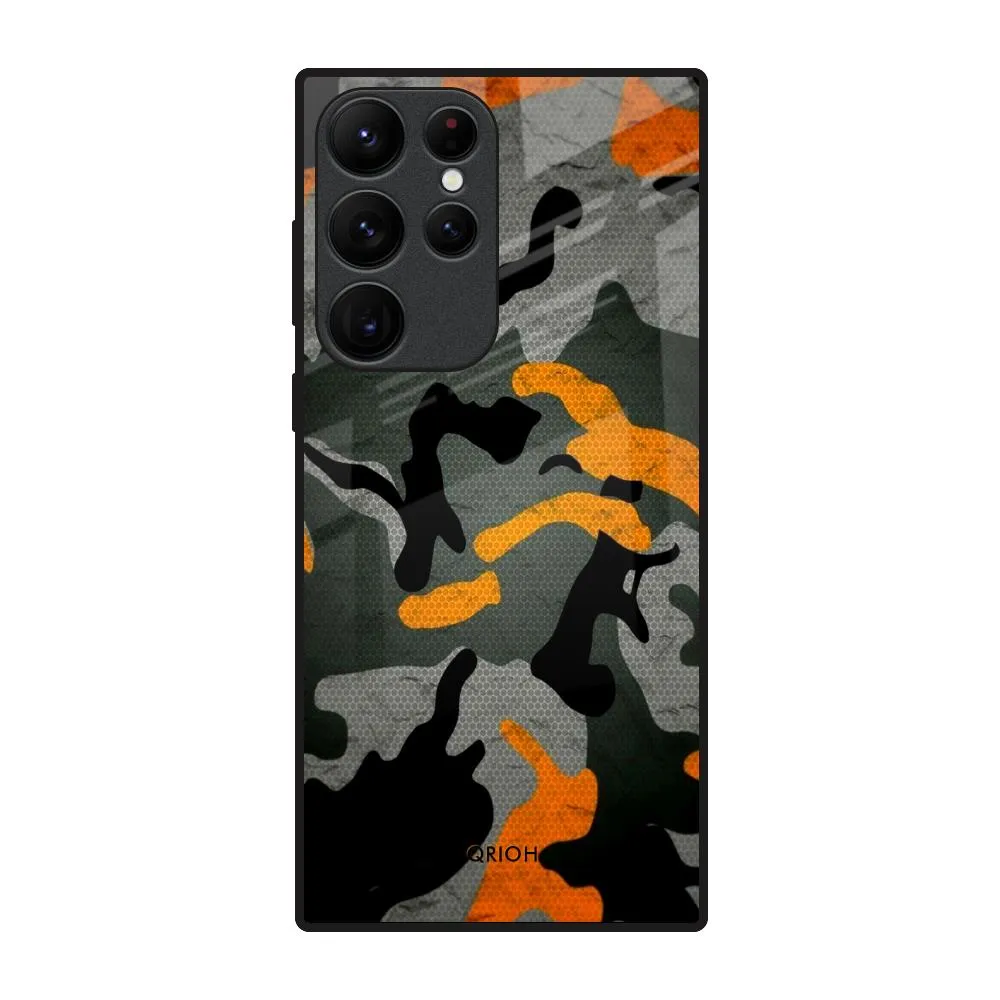 Camouflage Orange Glass Case For Samsung Galaxy S22 Ultra 5G Glossy surface