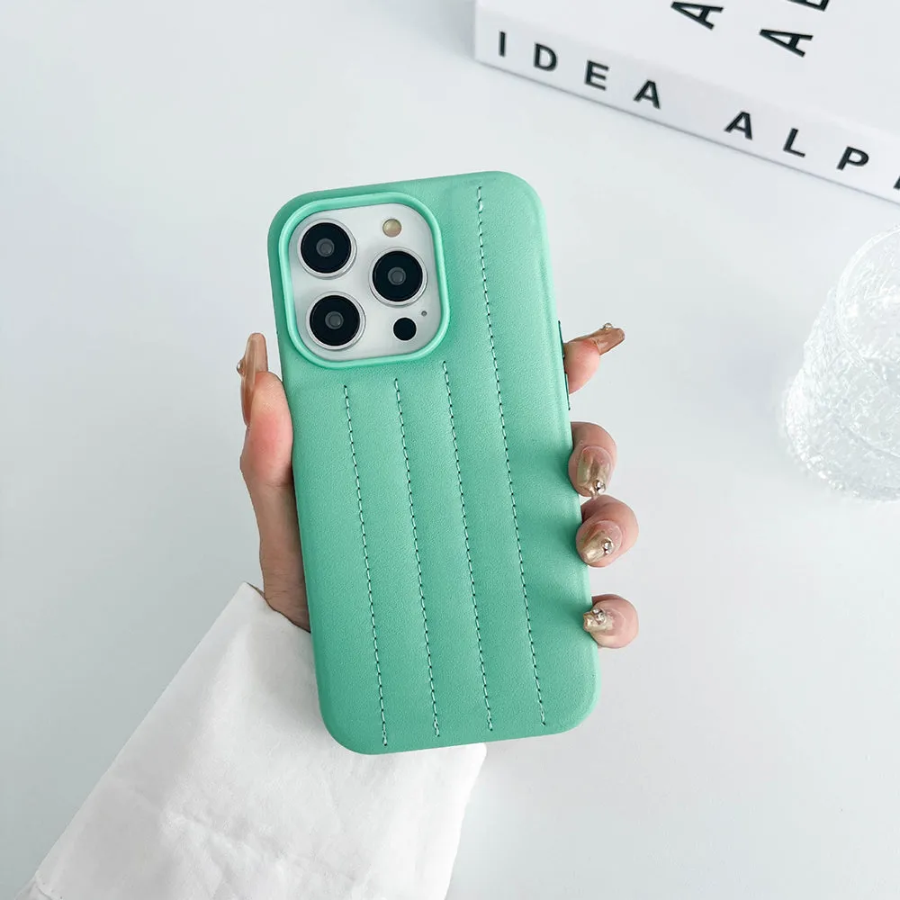 Matte Layer Sea Blue Stitch Leather Back Cover for iPhone
