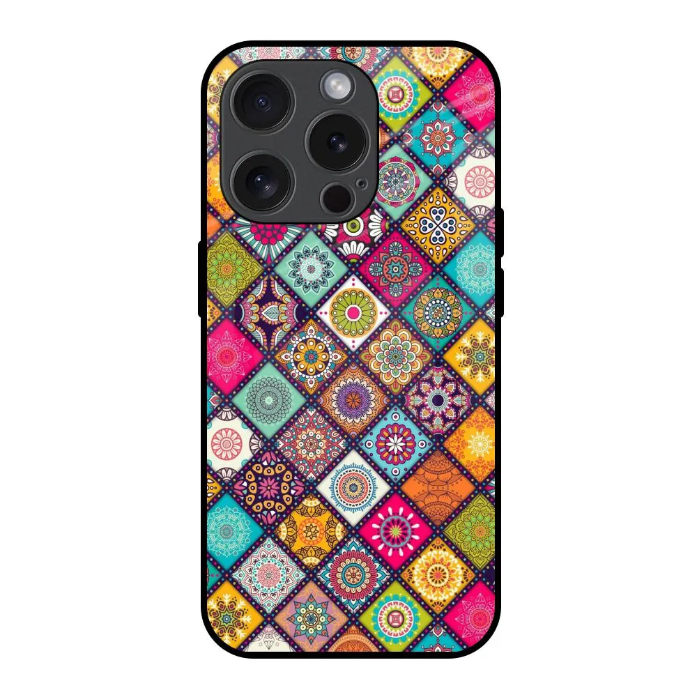 Multicolor Mandala Glass Case for iPhone 15 Pro Slim Edge Durable Edge