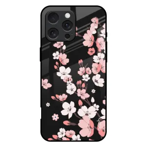 Black Cherry Blossom Glass Case for iPhone 16 Pro Max Slim Edge