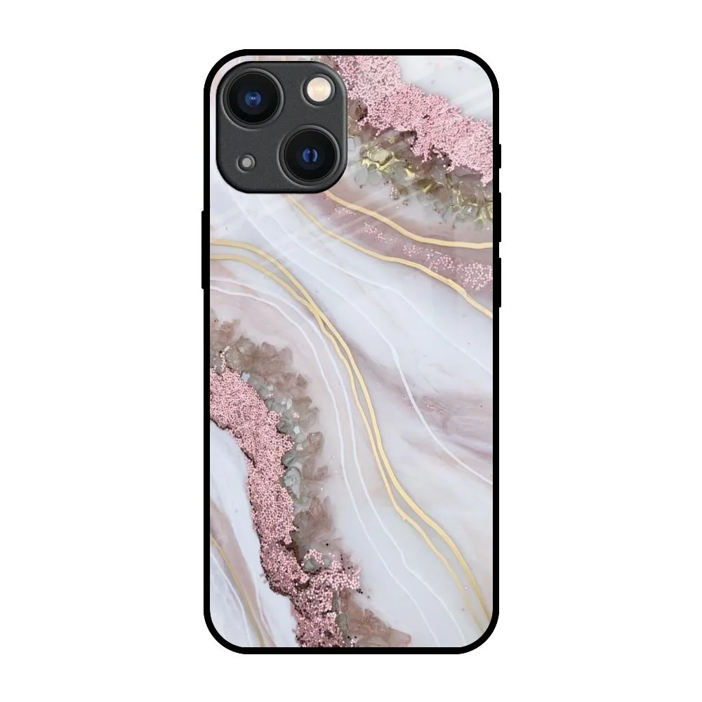 Pink & Gold Gllitter Marble Glass Case for iPhone 14 Plus Soft Edge Texture