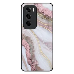 Trendy Finish Pink & Gold Gllitter Marble Glass Case for Oppo Reno 12 Pro 5G