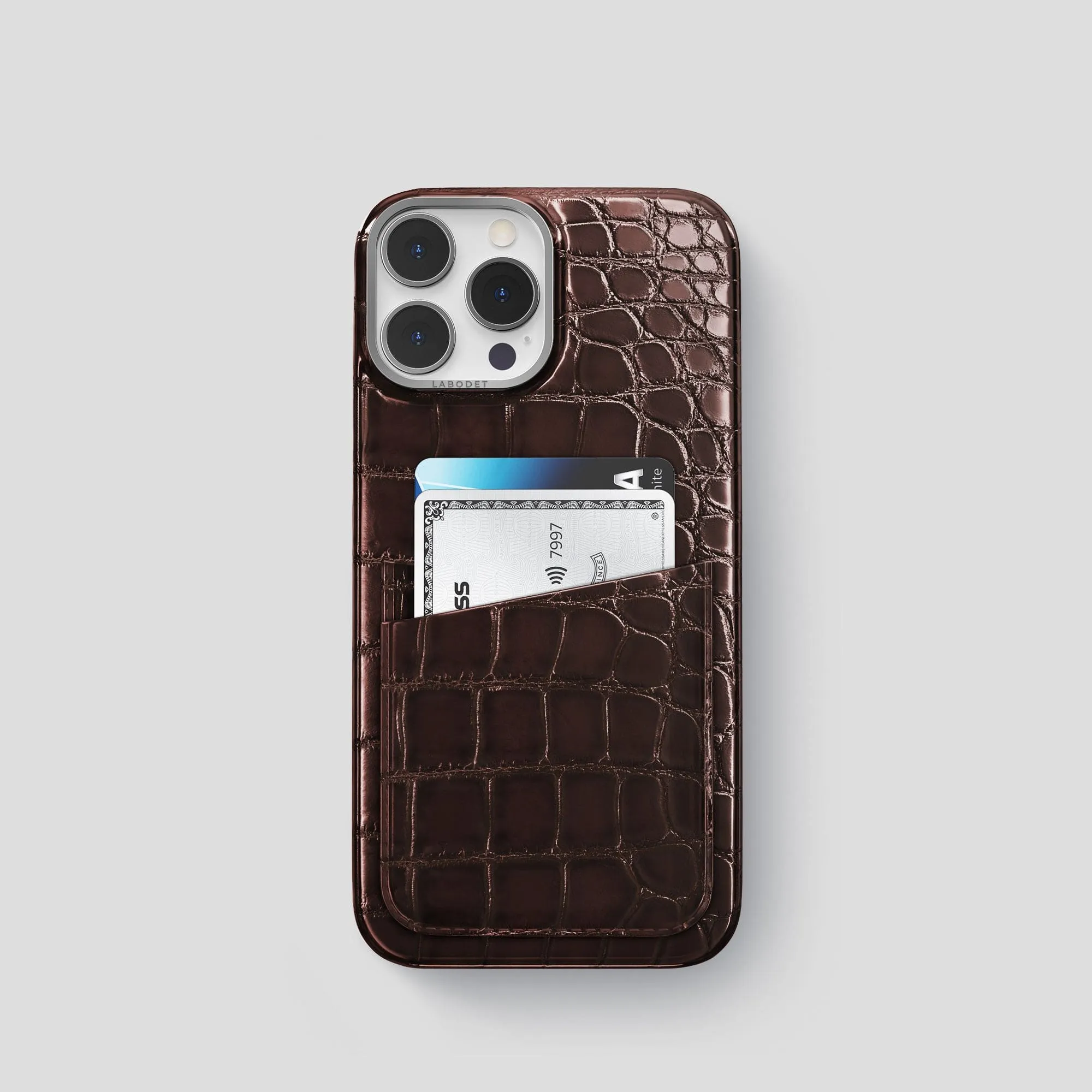 Edge Reinforced Double Card Case For iPhone 15 Pro In Patina Alligator