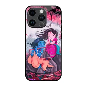 Student Friendly Strong Frame Radha Krishna Art Glass Case for iPhone 14 Pro