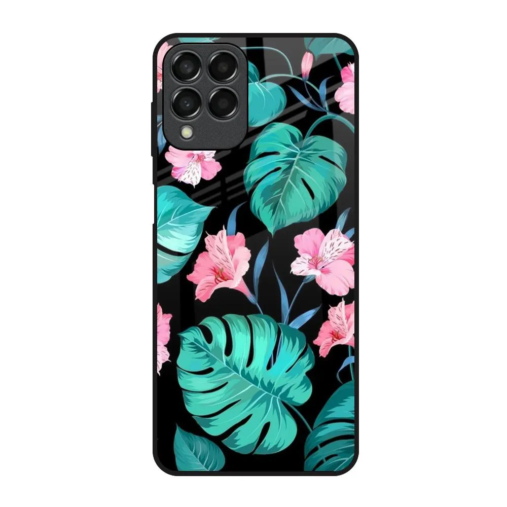 Tropical Leaves & Pink Flowers Glass Case for Samsung Galaxy M53 5G Modern Pattern Style anti dust