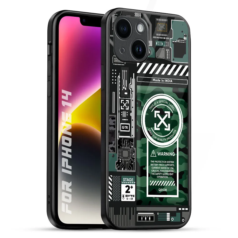 Green Camo Circuit Glass Case for iPhone 14 Smooth Finish Touch