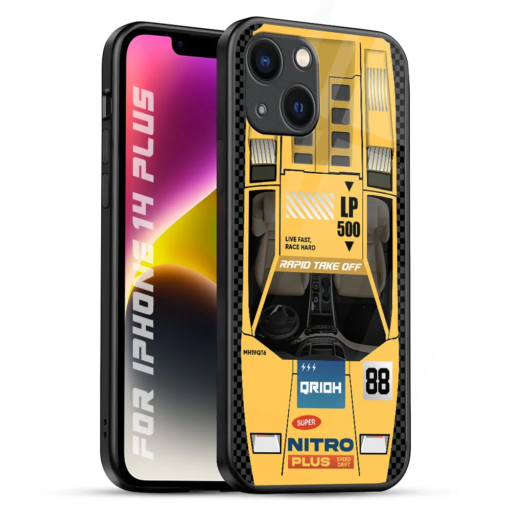 Yellow Racing Car Glass Case for iPhone 14 Plus Eco Friendly