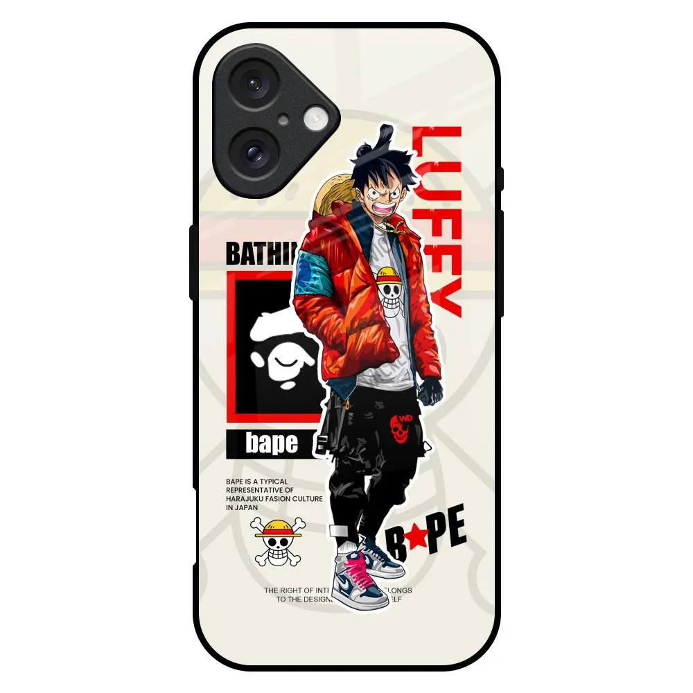 Flexible Material Bape Luffy Glass Case for iPhone 16 Plus