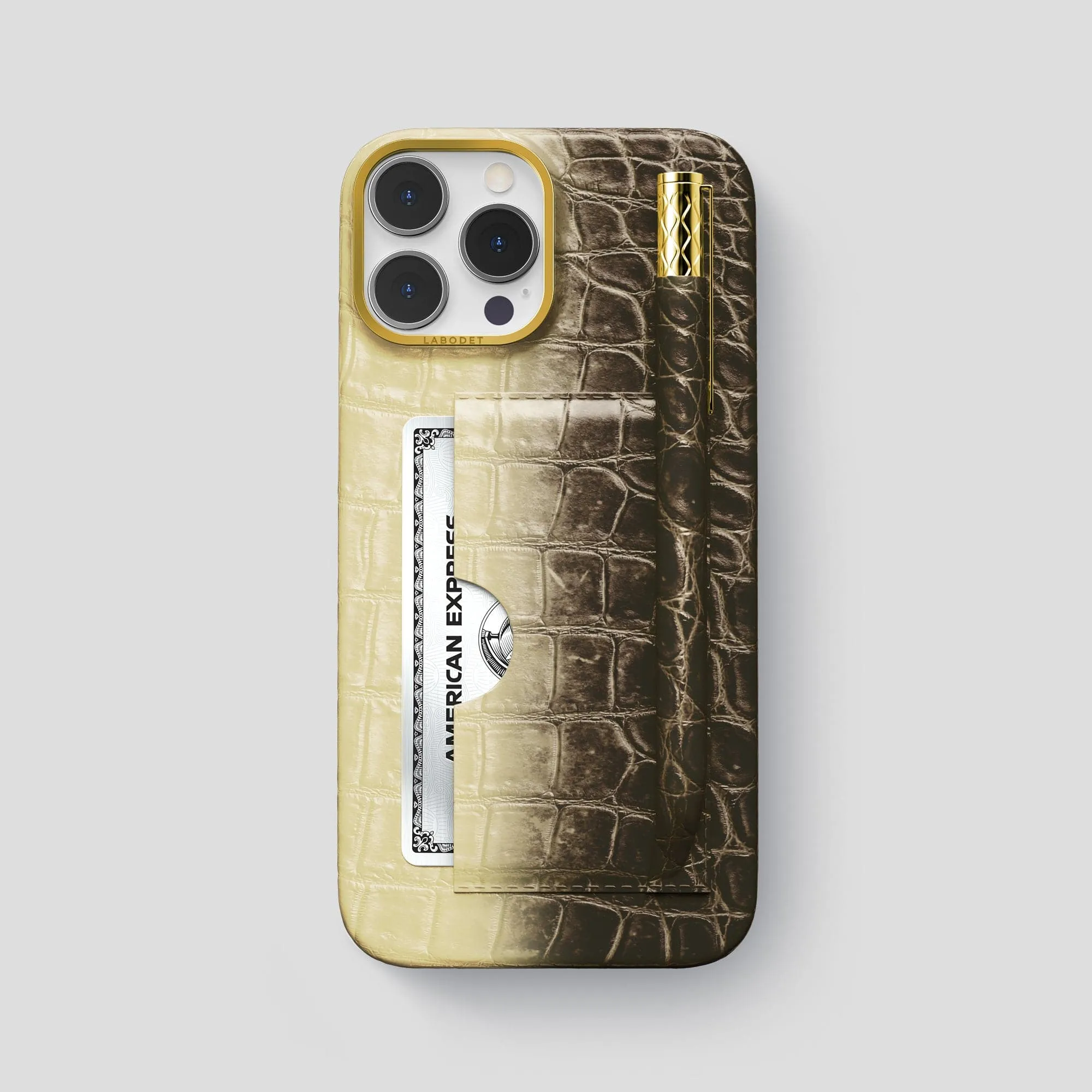 Card and Pen Holder Case For iPhone 15 Pro Max In Himalayan Crocodile Shock Layer