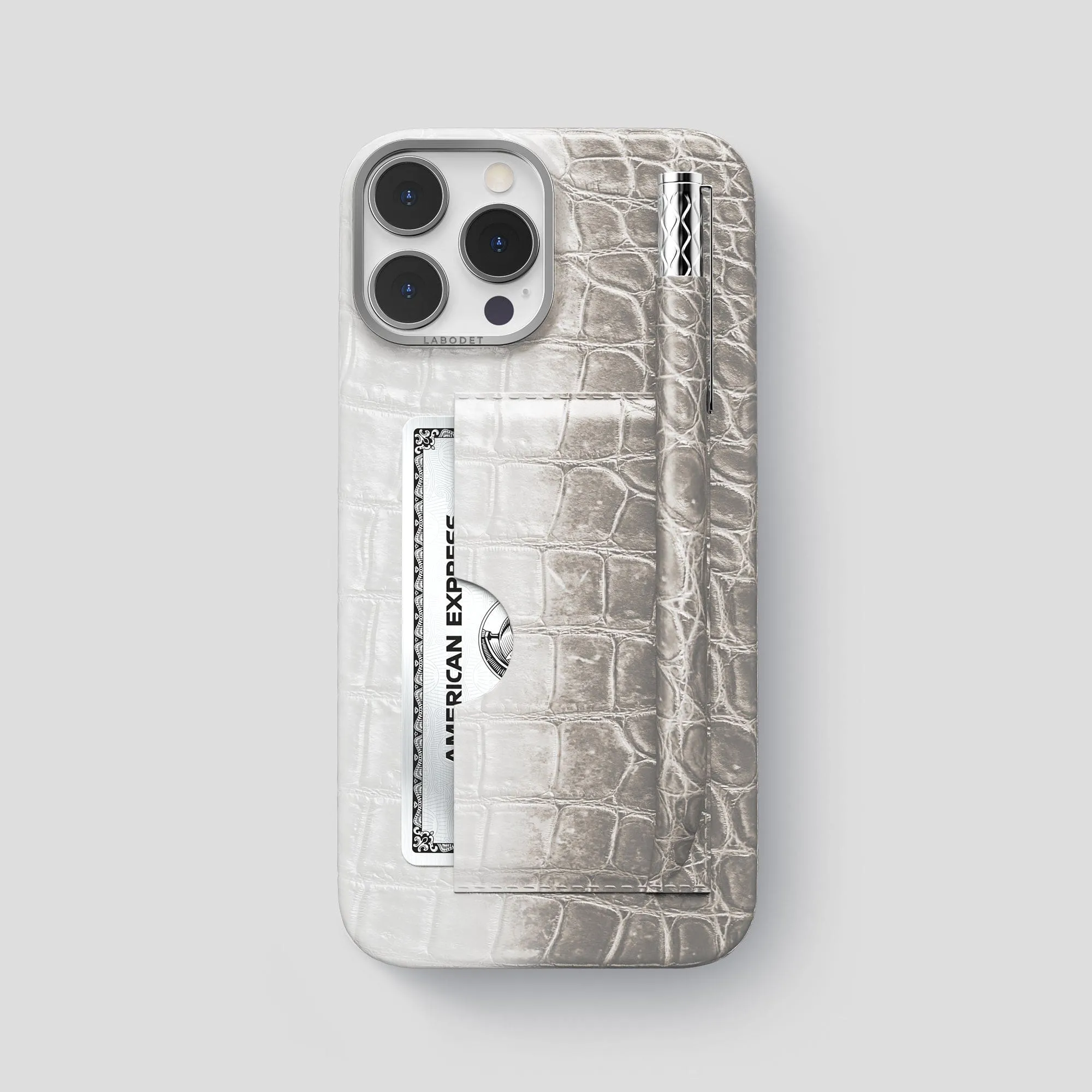 Polished Surface Texture Card and Pen Holder Case For iPhone 15 Pro Max In Himalayan Crocodile